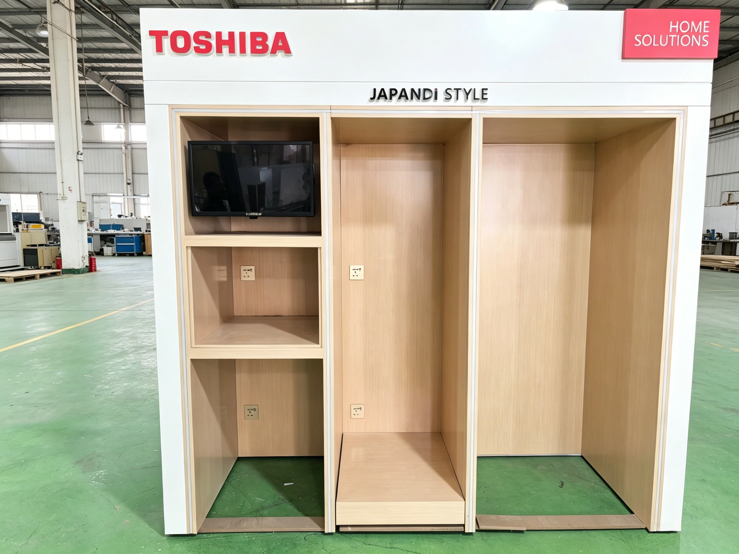 安裝團隊現場施工，展示櫃精準定位落地