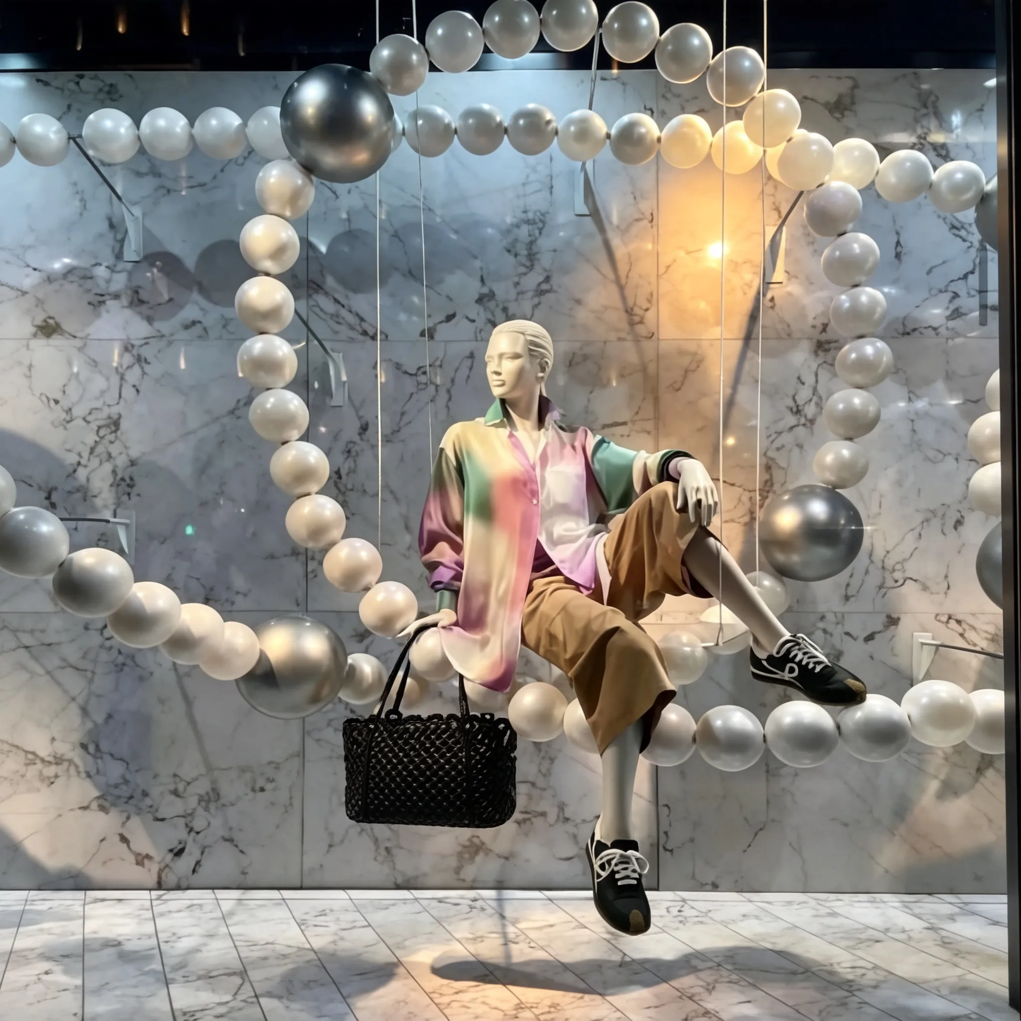 Floating pearl chains form a star-orbit arc in the window