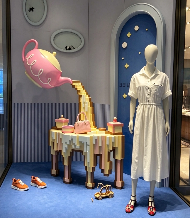 Hermès2026秋冬櫥窗立體造型，玻璃纖維和3D列印立體道具，木烤漆堆疊像素化效果