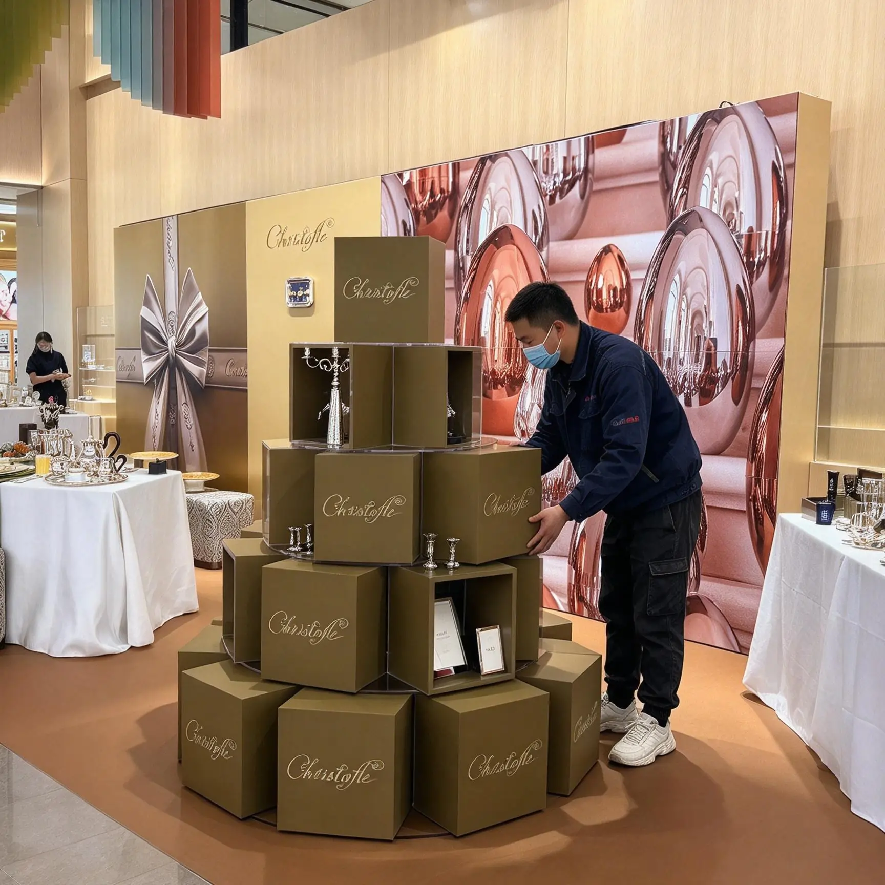 多層禮盒與透明亞克力結構搭建的展示裝置